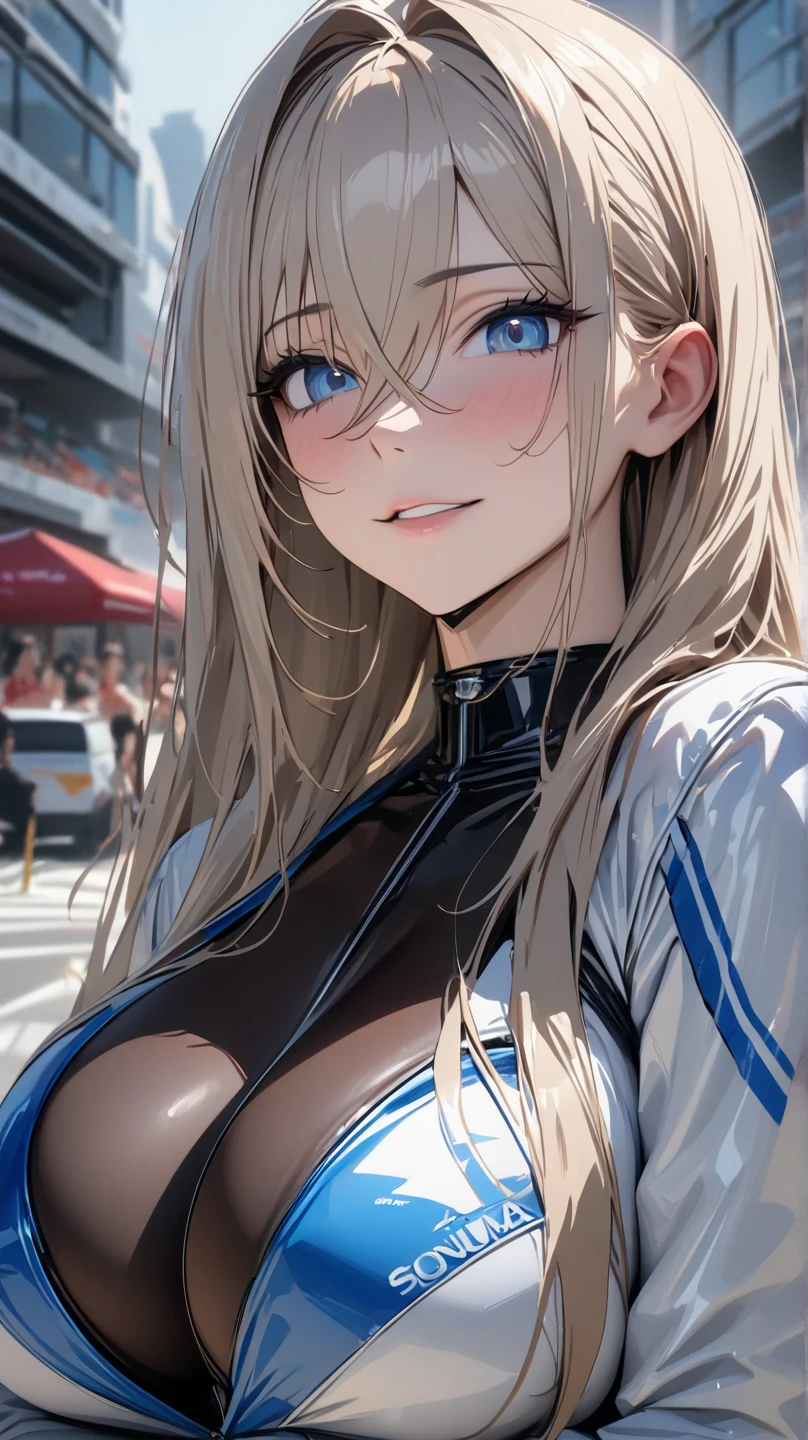 highest quality、Realistic、zoom、girl、Chestnut Hair、Light blue eyes、Long Straight Hair、Hero Suit、White bodysuit、Tanned black body、Tan、Brown Skin、slender、Sweat、smile、