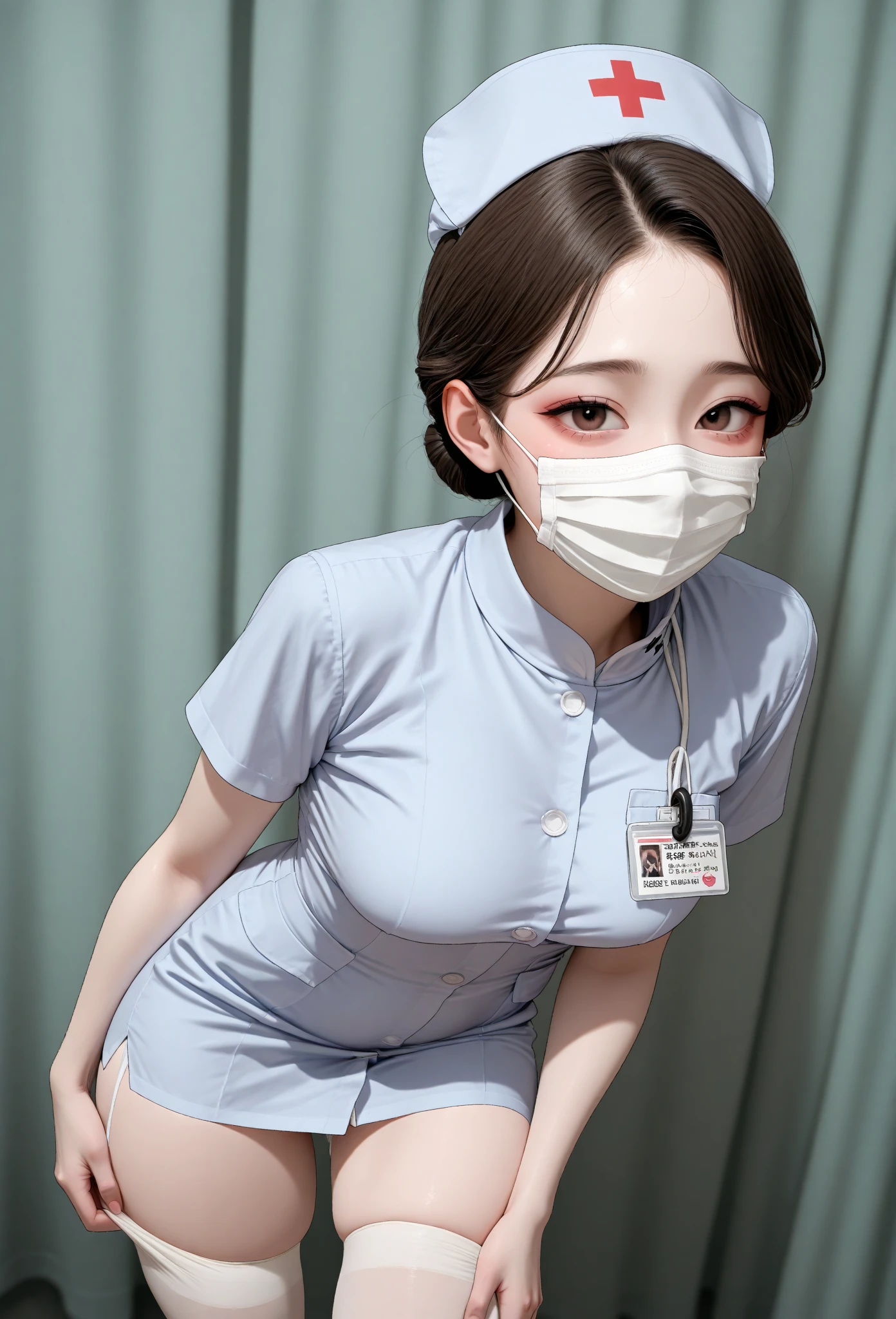 ((Highest quality,34K, masterpiece,Realistic: 1.3)), (Ideal body proportions:1.7),(sharp: 1.3),( Slim beauty with perfect body: 1.4), (Slim Abs: 1.3),(Thigh Gap:1.5), ((Layered Hairstyles,Black Hair, Big Breasts: 1.2)), ((White High-Grade、Very thin:1.5))、Cleavage、White Pantyhose、hospital、Hospital room、On the patient bed,(Sculpture Pose:1.6),(Thigh Gap:1.5),(Highly detailed sexy and cute face and skin texture:1.5)Japan actress々Introduction,Supermodel Body, (Beautiful eyes in every detail,Eyes focus:1.5),(From the side:0.8),( Looking into the camera:1.4),Pointed nipples,Pink crotch,Wet crotch,The pubic area is heaving,The costume is see-through,The fabric is thin,Small fabric,,Wearing a nurse hat,Open your private parts and show them,I feel ecstasy,Inserting a vibrator into her genitals,