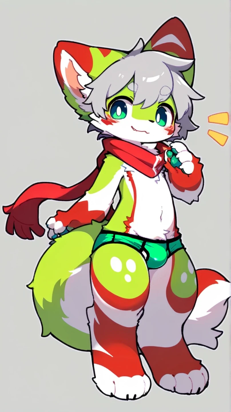 (Dark Environment: 0.8), Masterpiece, High Quality, Abstract Res, Digital Painting\(artwork\), by Dagasi, Yupa, Kiyosan, (Anthro, Fluffy Fur, Character Focus: 1.1), Anthro Male Cat, Short, Green White-edged Boxer Panties, Urinary Incontinence, without a top,