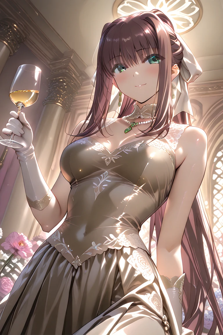 Young Woman, Ahegao, World of Magic, Stars, white, light green, Rainbow, Wine Red Hair, Long Hair, Long Open Silk Dress, 8k UHD, Ultra Detailed, Super High Resolution, Tongue Out, Open Mouth, Flowers, Camp, fantasy, smile, excited