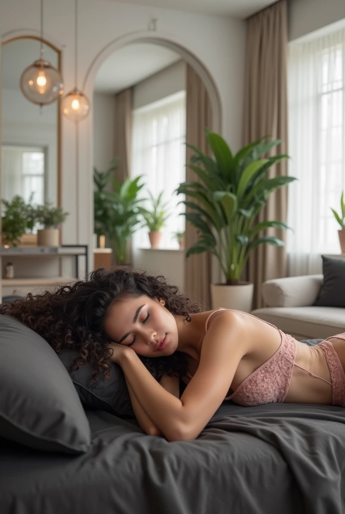 (photorealism:1.2), beautiful woman, sitting on bed, wearing loose off-shoulder top, pajama pants, long curly hair, indoors, soft lighting, plants in background, window with sunlight, cozy room, relaxed pose, realistic, intricate details, warm colors, by Greg Rutkowski, by Alphonse Mucha