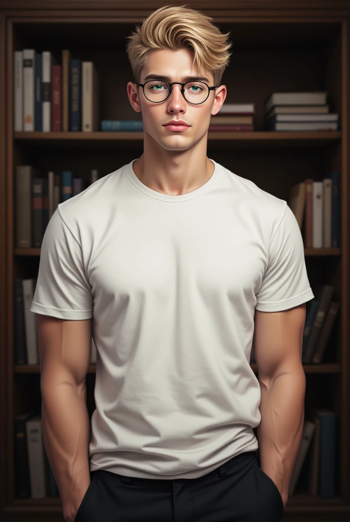 Melancholy，around，artistic conception，big occasion,in the church,40 years old,Diffuse light，Chest muscles，Topless, stubble, Europeans and Americans,temple, Muscle tissue, Mature man,Bodybuilder，Golden-blue、Pure purple black，June，Dignified and elegant，temperament，short hair,，The light is soft,Black triangle underwear,full-body shot,wearing glasses,only one man