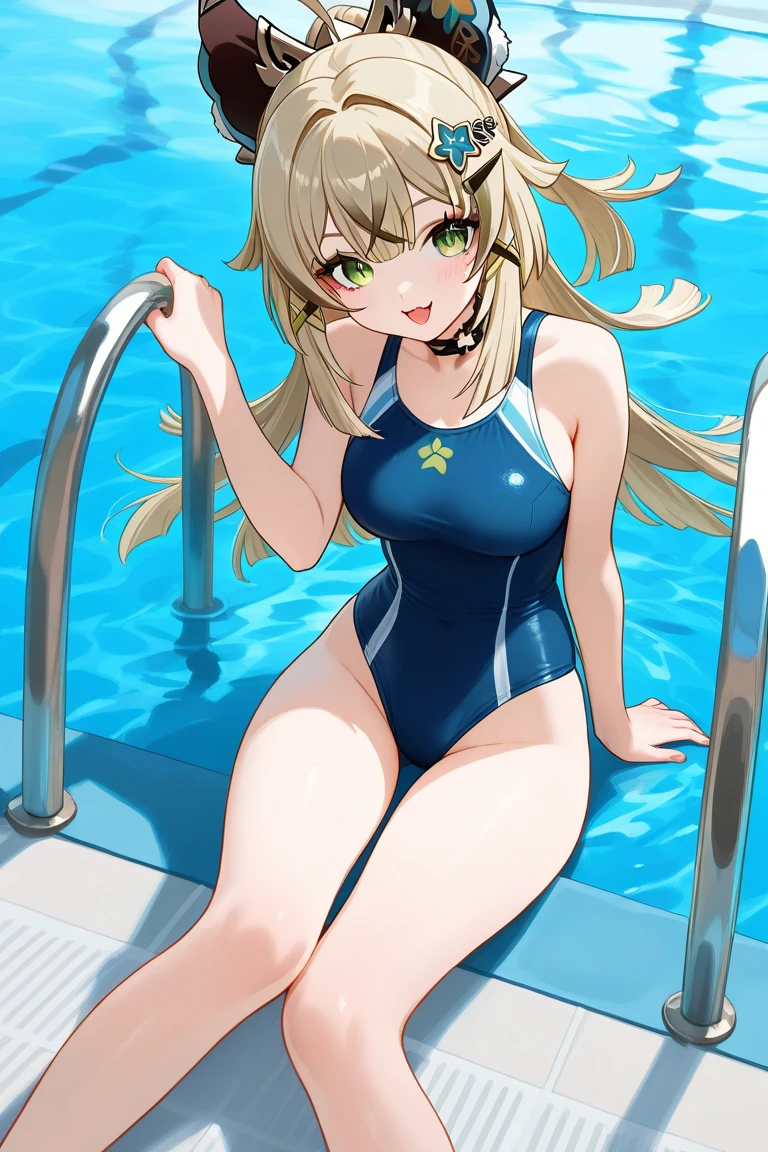 (RAW photo:1.2, photorealistic:1.3), masterpiece:1.4, best quality:1.3, Highest details:1.3, beautiful and aesthetic, extremely detailed CG unity 8k wallpaper,( vibrant colors:1.1), high resolution, thin white school swimwear, one-piece swimwear, anime visual of a cute girl, official character art, anime girl, official art, single character full body, anime full body illustration, full body portrait of a short!, female anime character, as an anime character, a-1 pictures, full body with costume, rei hiroe, anime best girl, blond bob hair, on the midday outdoor  poolside, dynamic pose, (cameltoe:1.2), dancing, smile, 
