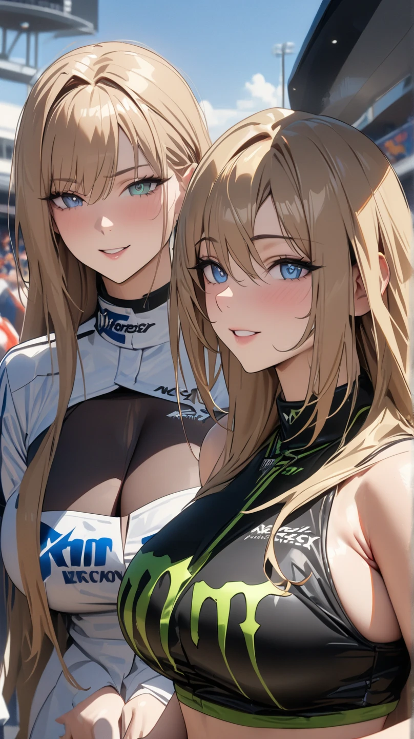 table top, highest quality, Super detailed, throw, ((5 girls:1.9)), (Mr..々hairstyle), Beautiful eyes with attention to detail, ((racing suit)), sexy pose, enchanting smile, detailed background, With background: (car racing venue:1.3), choker, ((group photo:1.6))