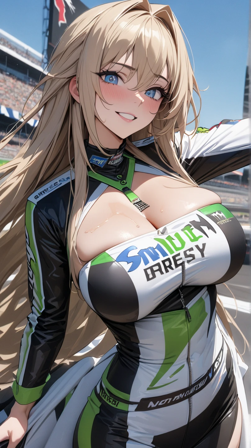 mastute piece,Best Quality,insanely detailed,8k cg,nsfw,
(shoot upper body:1.3),
(1girls:1.3),standing,looking at viewr,body in front,both arms behind back,(Rider Suit),(bare breasts:1.2),
break,
blush,shy,(ecstasy face),(trembling:1.2),break,(light yellow hair),
break,
perfect breasts,perfect teats,(open mouth:0.9),(large breasts:1.3),
(Circuit、Motorbike racing)、