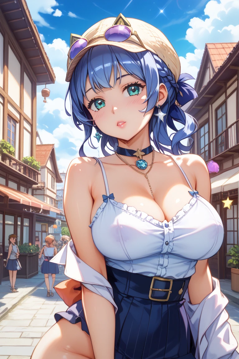 (Top quality illustrations:1.2), (pretty girl:1.1), (1 girl、17 years old、Top quality illustrations:1.2), (1 girl、smile、Beautiful breasts、Highly detailed eyes:1.2)、Bright blue hair、Short Bob Hair、Summer fashion、smile