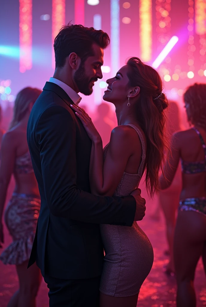 A Brazilian woman in a glittering nightclub, wearing a tight, low-cut dress, with a close-up of the seductive lines of her breasts and the neon lights reflecting off her body, highlighting its charm and the vibe of the night. Very revealing body and a man looking at her with lust and a large bulge in his pants.