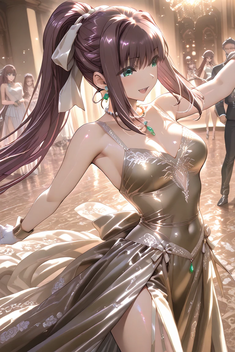 nozomitoujou, nozomi toujou, green eyes, brown hair, curly hair, breasts, masterpiece, best quality, high resolution, beautiful detailed eyes, extremely detailed face, good lighting, detailed CG, messy hair, glossy lips, light smile, ballgown, ballroom, cleavage, necklace, pendant, earrings, jewelry, high heels, standing, (crowd of dancers)