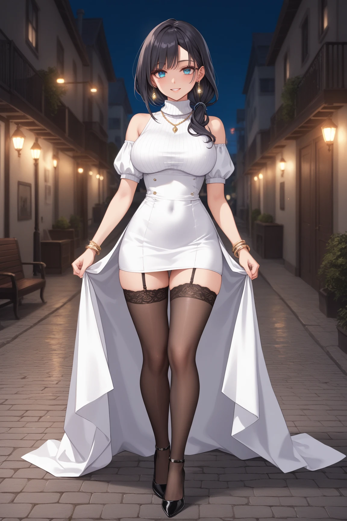 1 japanese girl,(Shiny night dress:1.4),(Bursting huge breasts:1.4)、 (Raw photo, Best Quality), (Realistic, Photorealsitic:1.4), masterpiece, extremely delicate and beautiful, Extremely detailed, 8k wallpaper, amazing, finely detail, extremely detailed CG Unity, hight resolution, Soft light, Beautiful detailed 17 year old girl, extremely detailed eye and face, beautiful detailed nose, Beautiful detailed eyes,Cinematic lighting,city light at night,Perfect Anatomy,Model body,Smiling, (hair messy, asymmetrical bangs, light brown hair,),Cowboy Shot、Gorgeous earrings、Gorgeous necklace、HOURGLASS_body、Model pose:1.5