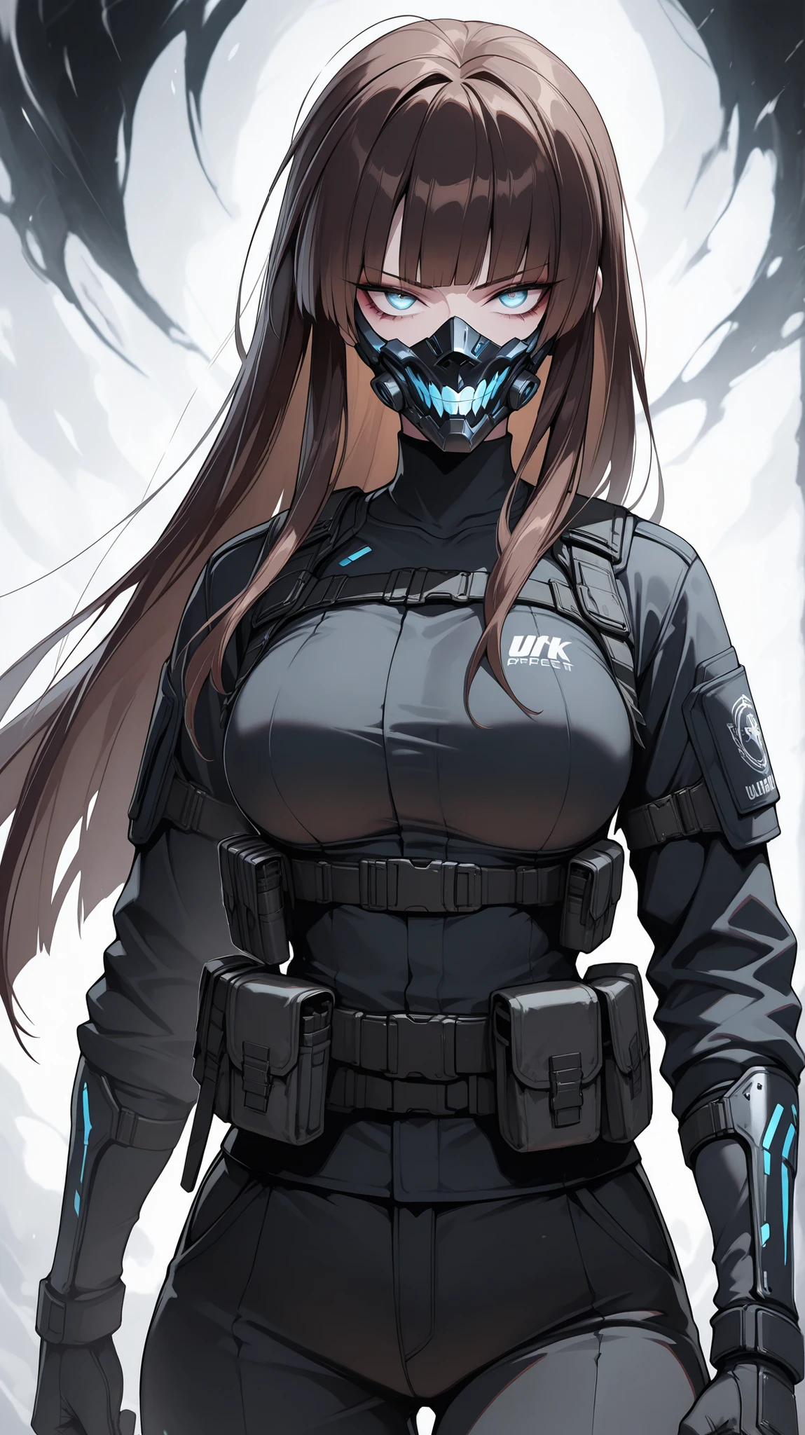 absurdres, (((Ultra HD))), (((Ultra High Quality))), ((hyper detailed)), ((Ultra High Resolution)), (Highly rendered), ((detailed eyes)), (((8K))), ((perfect face)), ((masterpiece)), cinematic, solo, 1girl, thin, blue eyes, dark brown hair, long hair, blunt bangs, straight hair, black mask, mask, mouth covered, medium breasts, tactical clothes, black shirt, tactical gloves, black pants forest background