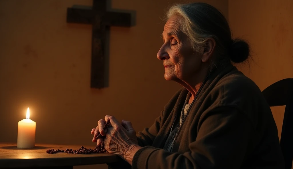 A poor old woman seeing that Jesus on the Cross Painting and crying and tears comes from her eyes