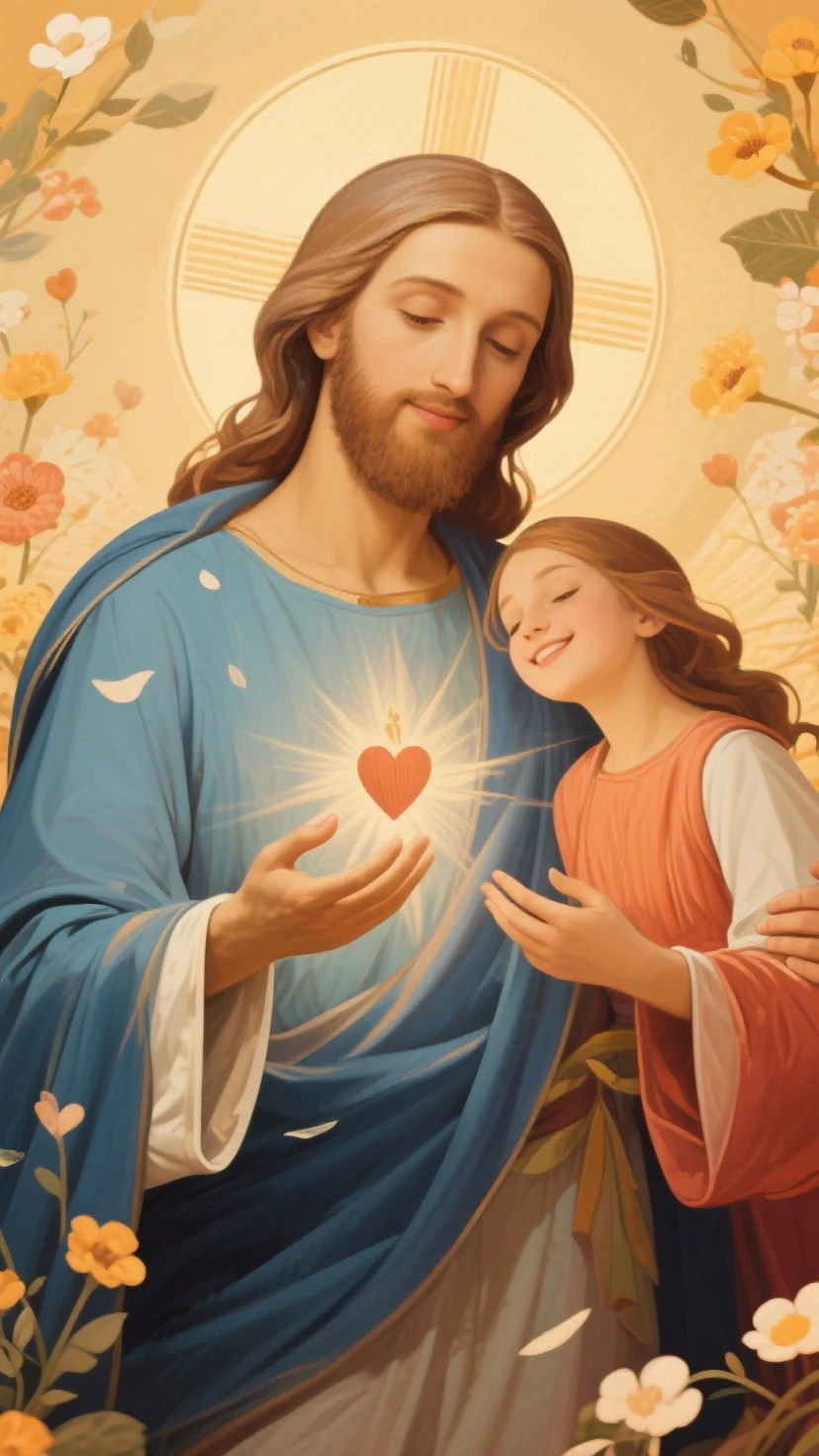 (photorealism:1.2), handsome Jesus Christ, carrying baby Jesus, wearing red king clothes and crow with  light in his head and heart spreading all over, perfect five hands, perfect smiling face, elegant, soft lighting, plants in background, window with sunlight, many clouds, stand straight, realistic, intricate details, warm colors, by Earl Cornelio Necor