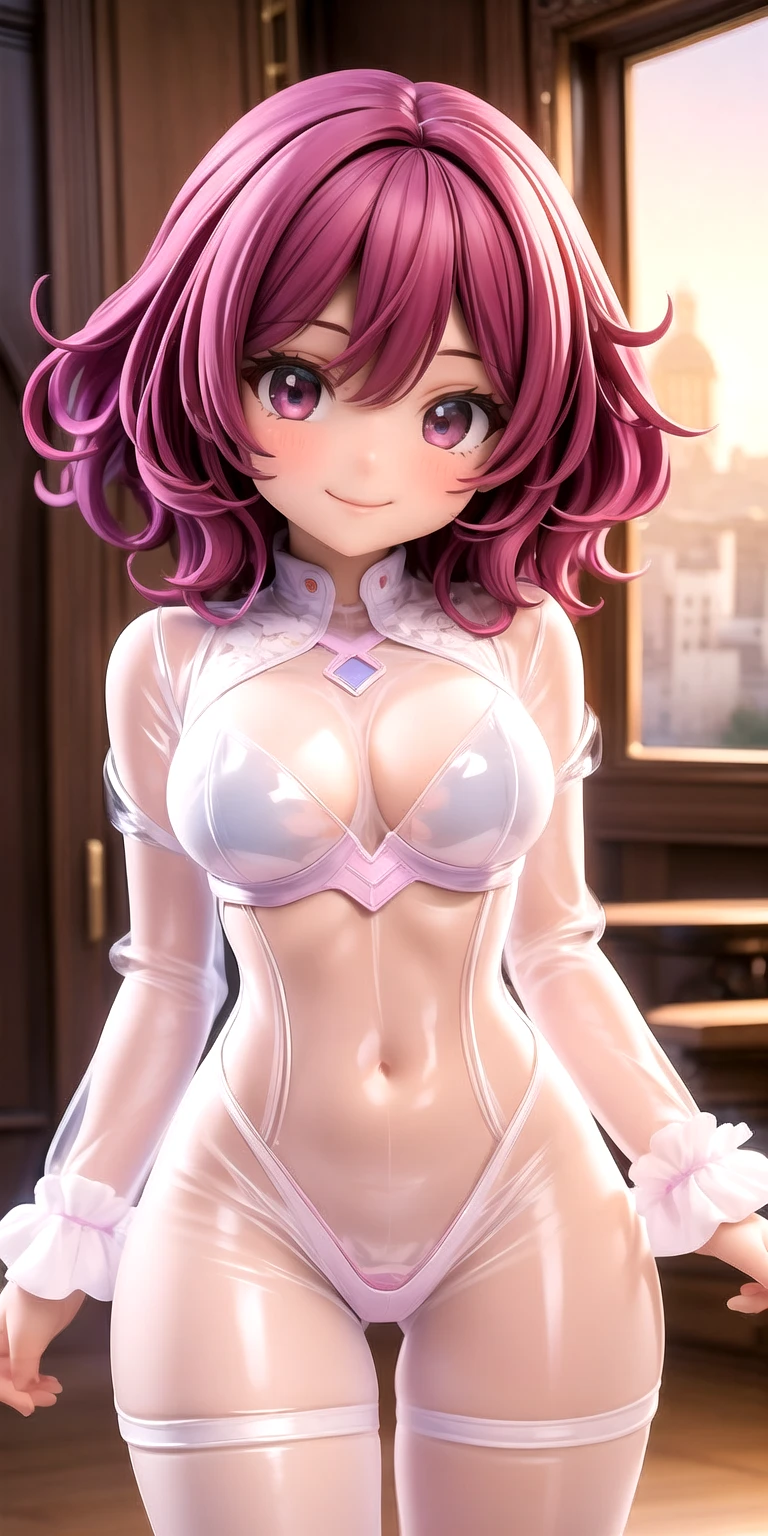 Beautiful teenager, 1girl, purple hair, extremely short hair, blue eyes, freckles on face, happy, smiling, thick lips, full lips, huge breasts, extreme cleavage, deep cleavage, very thin body, playboy bunny outfit, strapless high-waist leotard, fishnet legwear, bunny ears, heart shaped choker, perfect anatomy, ultra-detailed, 4k, 8k, best quality, masterpiece