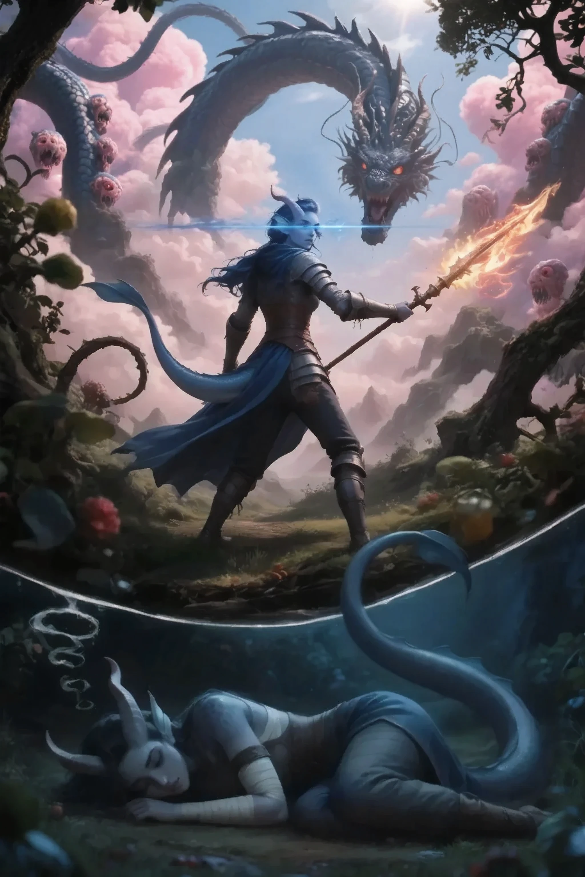 In the foreground through the very blurred and darkened thick bushes trees or trees with rich green leaves with bright elements of, maybe, berries or fruits or spines among them
At the top of the frame, separated by a white line of thought, is an epic battle scene: standing in a fighting stance, there is a female warrior with dark gray and blue skin with 2 fins on her head and 2 horns on her head with a long thick dragon tail at the back.
Against the background above, a huge gigantic scary hydra attacks with many heads on slimy long winding necks and a dark one marsh-colored and pimpled texture. Heads on their necks want to see from the rear.
She is dressed in shining medieval armor, , a long thin blue standard.
steel armor and a long blue evolving cloak at the back.
The epic atmosphere of a great battle.
Below, separated by a white line of clouds of thought coming from the character's head, curled up on the ground, lies a sleeping woman with dark gray-blue skin with 2 fins on the ground head and 2 horns on the head with a long, thick dragon tail at the back.
In the dark in the faint night light.
She is wearing lightweight medieval clothes, medieval pants.
is very dark, Night.
The vivid images contrast strongly with the pastel muted tones.
Closed composition, , heavily shaded along the edges by foliage or other elements, flickering from the fire illuminates the frame, strong contrasting shadows.
The atmosphere is filled with peace. This unusual place is absolutely fantastic, a meadow in a deep, gloomy forest.
The lighting is bright in the center and dark at the edges, which allows you to add depth and darken everything secondary.
lots of details. Nice soft shades and pastel colors. blue shades predominate. amazing quality, 8 k, Ultra HD, impressive lighting. fantasy genre, dramatic lighting. Highly detailed digital art style. The composition is very rich in details.