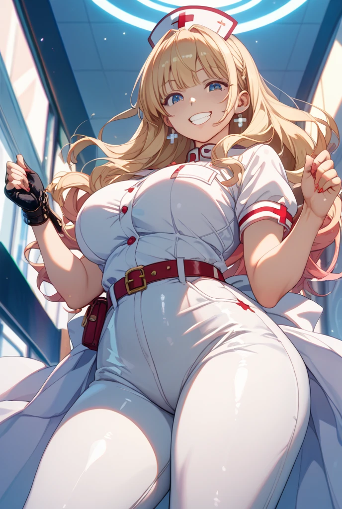1womanl, Nurse, Uniforme de Nurse, Nurse Cap, White dishes, ((White pants, zetai ryouiki)), whitegloves, hair blonde, blue colored eyes, batons rosa, ssmile, standing, sharp contour, manga curta, a mature woman, 3, best qualityer, work of art, Ward, As the chest shows, chest escaping, rain on the face, sultry posing, visible udder, breasts big