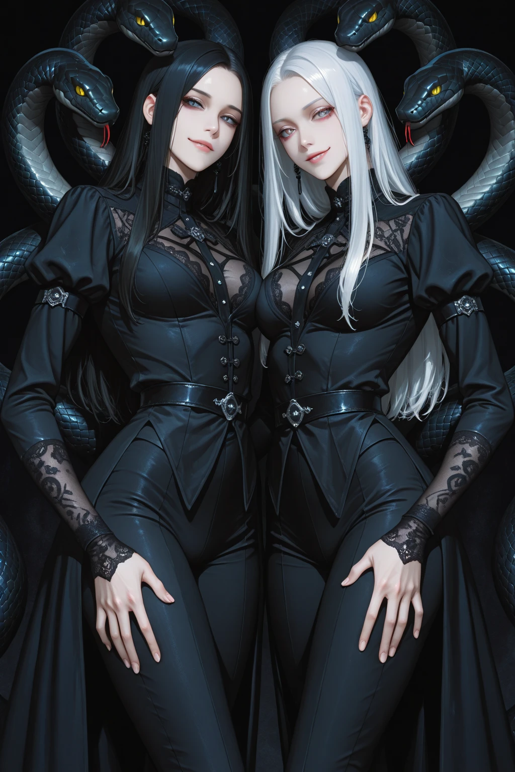 Girl, 20 years old, with long white hair down to below her waist, a serious yet tender expression, and red eyes. Her hair features black streaks. She wears antique-style clothing, a long black dress with a slit on the legs, and high black boots that almost reach her knees. Her power and background are related to shadows and darkness. dark escense, figth stance