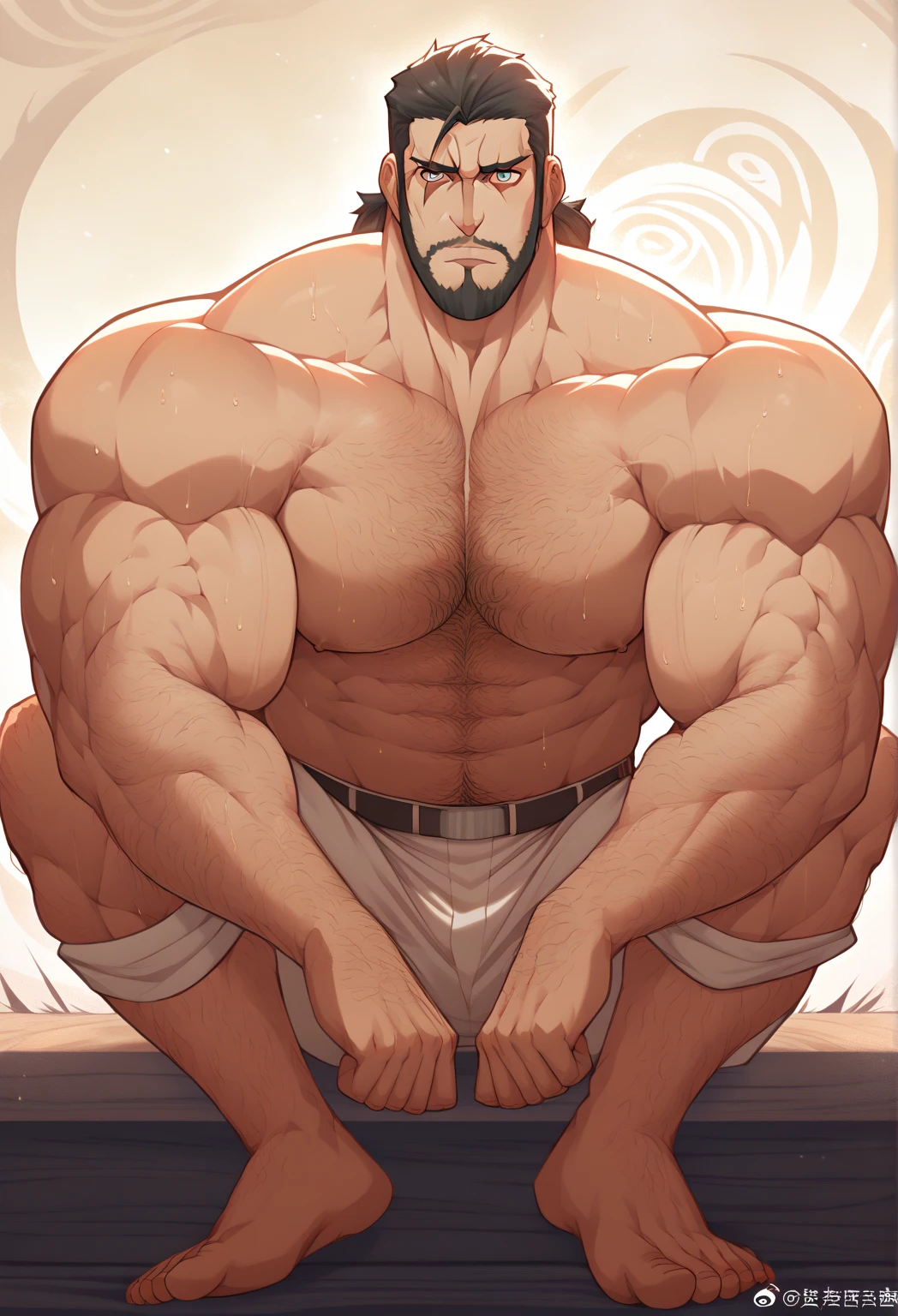 Mature man, best qualities, japanese, husband, dad, energetic, only black panties, white socks, bad bad, masterpiece, super high resolution, detailed background, reality, illustration, single, 1 boy, muscle man, beard, bedroom of single man, muscles, facial hair, volumetric lighting, depth of field, wheezing, raised crotch, handsome movements, big dynamics