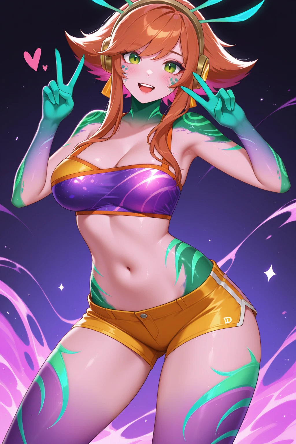 yellow body, smooth female chest, single large star shaped symbol, star symbol covering breasts