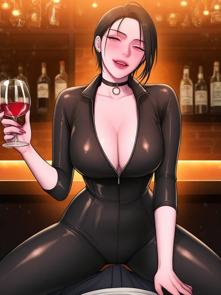 4K, A high resolution, Best quality at best, tmasterpiece, perfect colors, perfect shadow, perfect litthing, ((sportrait)), fit-muscled body, bright green eyes，With round lenses, The audience watched carefully, (s face: 1.2), Perfect female figure,（（nipple bump））， ((Tight leather suit)), ((looking at viewert)), (Perfect thick white eyebrows) Delicate fur, 详细s face, s the perfect face, At a  in an underground dance club , (Drink a glass of wine while standing), Comfortable background, perfect  decoration, lighting atmosphere, ((Bonifasko lighting)), (The round lenses on his eyes)(詳細な目), Perfect student