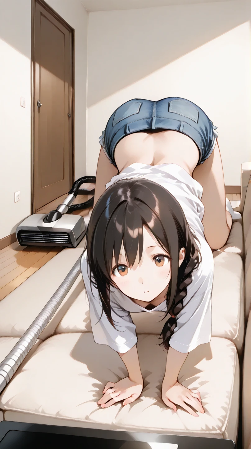 (a woman straddling to completely hit her crotch from over clothes onto the vacuum), (drooping eyes, realistic skin, blush), loungewear, orgasm,