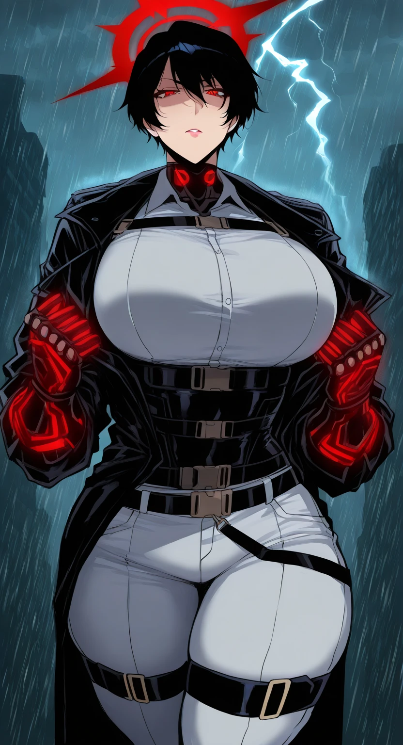 noi_dorohedoro, noi, muscular girl, huge chest, tall woman, priestess, martial art, modest, fully clothed, bent,, pants, cloak, priestess, holy, smile, coat, medieval, unmasked, nun, cloak,, black body suit