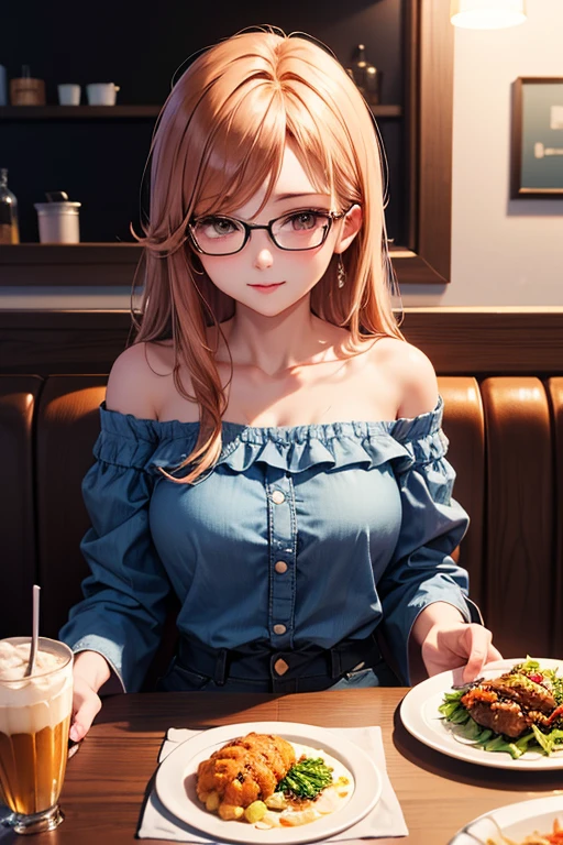 a plump asian girl with pink hair,glasses,yellow shirt and shorts,eating a parfait,detailed facial features,beautiful detailed eyes,beautiful detailed lips,extremely detailed skin texture,cute expression,(best quality,4k,8k,highres,masterpiece:1.2),ultra-detailed,(realistic,photorealistic,photo-realistic:1.37),studio lighting,vibrant colors,warm lighting,soft focus,portrait