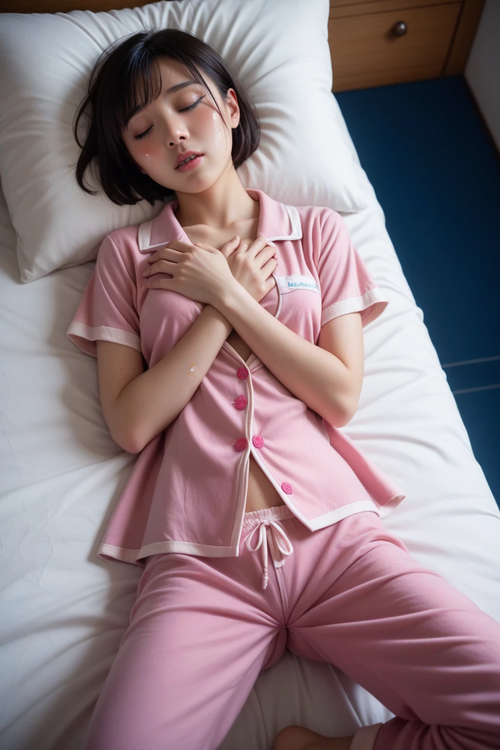 Sleeping girl, 22 years old, realistic, she wears long pants, wears pink pajamas, has brown hair, big: 1.2, fluttering underwear, underwear is pure white ruffles,