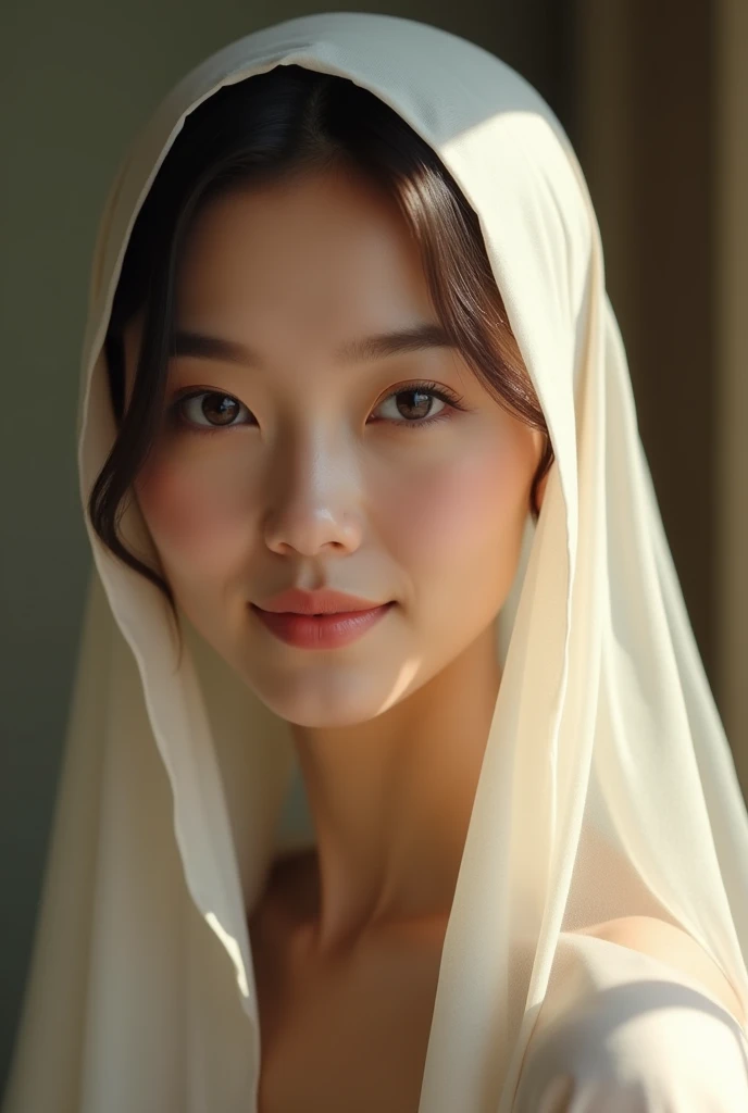 NSFW, ((Highest quality)), ((8K)), ((Masterpiece:1.3)), (perfect appearance), (Realism of light:1.6), (Naked woman wrapped in a white sheet: 1.2), (bedroom in the morning The sun shines in), Japanese woman, 80 years old, ((realistic skin texture)), (Large wrinkles all over the skin: 1.3), (white skin: 1.1), (Moisturized skin: 1.2), (Wrinkles on the face : 1), (Wrinkles at the corners of the eyes: 1.2), Double eyelids, Tear bags on the lower eyelid, (Crying mole: 0.9), Eyes are looking here, Staring earnestly., (dimple: 1.2), long hair , (long wavy hair), (Hair falling out in the ears), Nervous expression, big breasts, Clear breast cleavage (Wrapped in a white cloth around him.: 1.6), (Whole body: 1.4), Beautiful navel, Old Woman's Face, 80 years old.