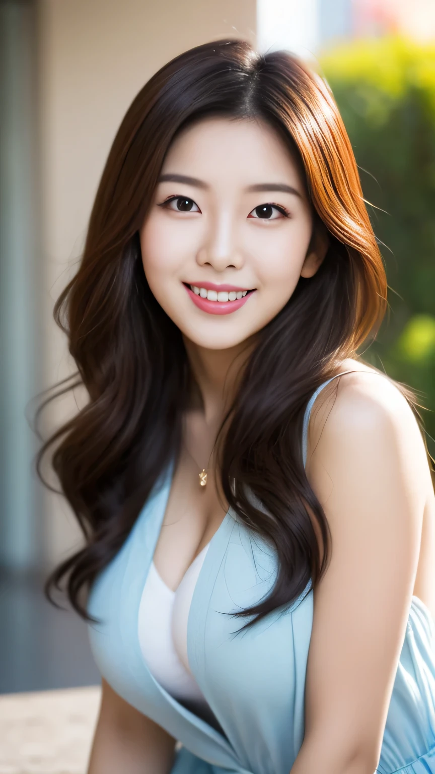 Photo-realistic (1 celebrity sister of the Korean royal family) I brushed it back., white skin, Put on some makeup, Chest size 32 inches, little smile, Wear a purple patterned slip dress. standing in front of the cabin, panoramic lens, Hyper HD，Butt cocked，black lens stockings