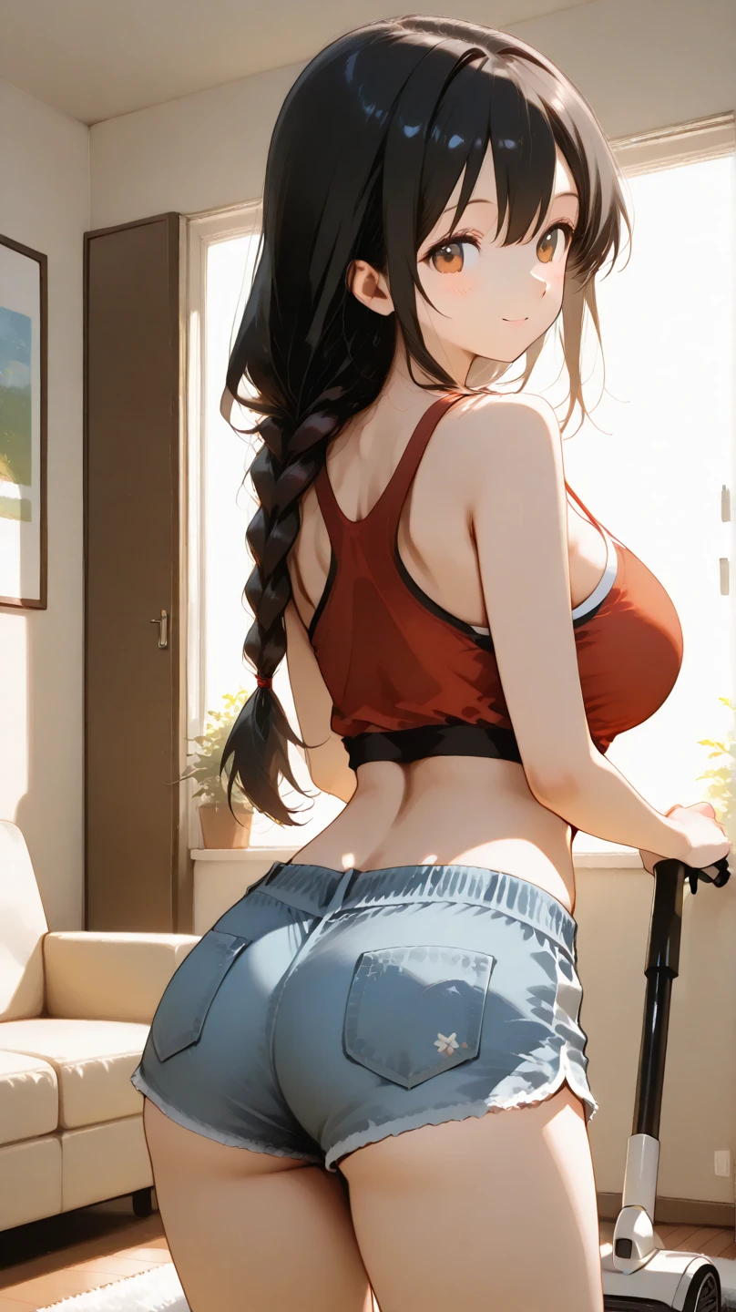 nsfw:1.5,Highest quality、In 8K、masterpiece、Hmph、Ultra-high resolution、RAW Photos、(Realistic:1.3)、Natural soft light、(Written boundary depth)、thin、(whole body:1.2)、From behind、Detailed face and eyes、Realistic、Sharp pupils、Inside the warehouse、Young Face、High school girls、Beautiful Girl、Glowing Skin、(ponytail:1.2)、Beautiful brown hair、Red Eye、(blush:0.7)、((Embarrassed face:1.2,blush:1.8))、Sweat、((Tied up with rope:1.8)、(Thighs Thighs Thighs Thighs:0.8))、((Huge Breasts:1.8)、Erect nipples)、(Small Nose、Small Nose)、Attractive waist、(Overflowing sexual fluid:1.5)、((Completely nakedでロープに縛られている:1.5))、Completely naked:1.5、Dynamic pose:1.5、(I want to see up to my knees:1.5)、((Raising both hands high above the head:1.5))、((Angle from behind:1.5))、(Large waist width:1.5)、Turning around、(Sticking out her butt:1.5)、Bent Over