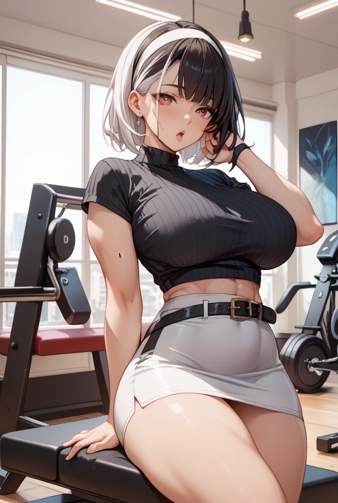 Realistic image, Detailed image, 1 elf. Long silky hair, silver hair, blue eyes, long eyelashes. Women's 2-piece short t-shirt, ribbed, seamless, for workout, exercise, long sleeve, Pleated mini skirt. Large breasts, slim waist, wide hips and thick thighs. smiling. with one leg lifted while winking. Arched back. View from below. View from behind. Sports court. Volumetric light. Ambient light.