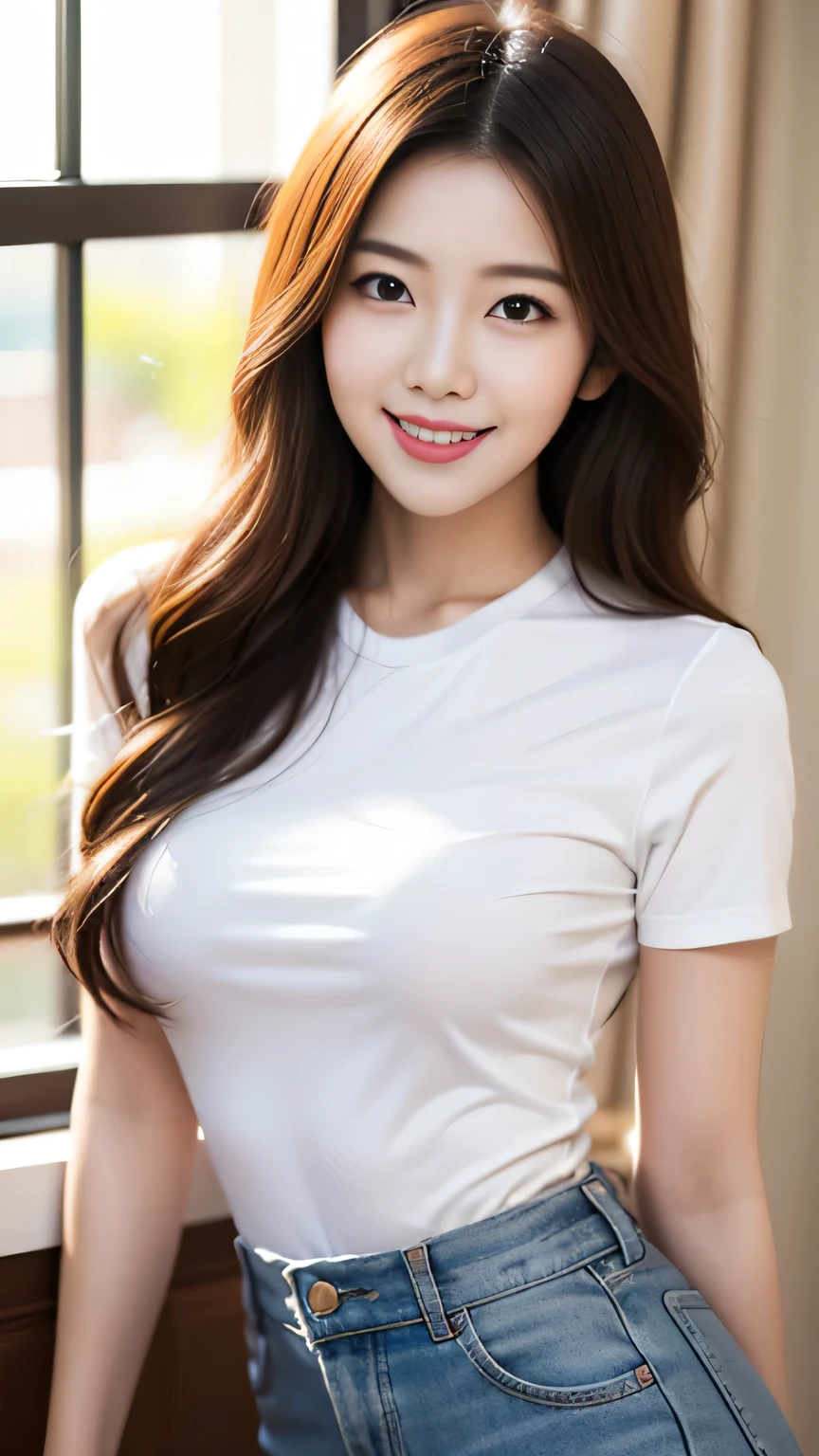 there is a woman that is posing for a picture in a room, smooth white tight clothes suit, Gorgeous young Korean woman, wearing tight simple clothes, 2 4 year old female model, wearing tight shirt, Korean girl, dressed in a white t-shirt, Tight shirt, photo of slim girl, beautiful Korean women, White top, Beautiful young Korean woman