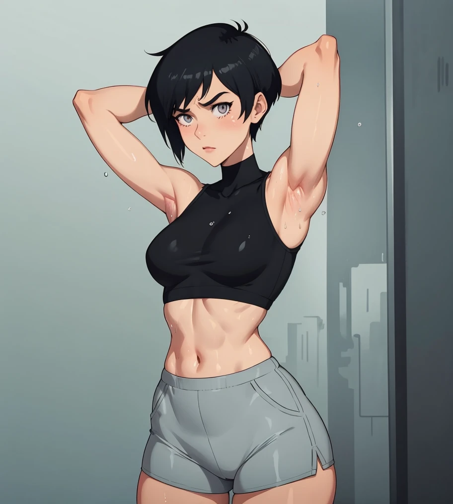 ((masterpiece:1.2, best quality:1.4)), ((dark skin:1.5, tomboy)), 1girl with short bob cut hair, red eyes, black hair, gradient hair, toned, abs, black tank top, black skirt, wide hips, medium breasts, cute, blush, drunk, one hand on hips, ((apartment room background)), ((rain on window)), sweaty, ((nighttime:1.5)), lonely, seducing,