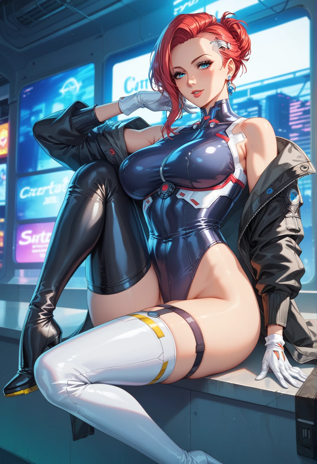 Kei from The Dirty Pair, , wearing a tight outfit, skimpy, medium breast, red hair beauty, cyberpunk city background, holding retro space-gun, headband, slim waist, slim thighs, thigh gap