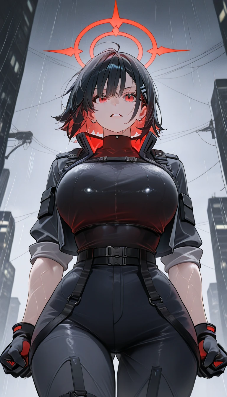black cat personification cyberpunk black shirt Super huge big breasts breast enlargement neon cloak hairy a person standing alone in the sci-fi city depth of field, Blurred background,