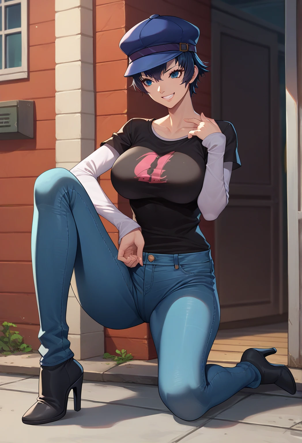 gwen (total drama), masterpiece, best quality, 1girl, solo, cowboy shot, toned, leather jacket, jeans, tokyo city, blue sky, cloud, street,