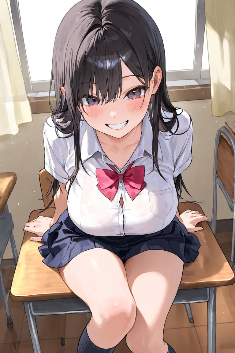 Height is 120 cm,, short stature, black hair, short ponytail, very young face, small breasts, light skin, Very strong luster on the skin, short cut hair, short ponytail, ((One big fischl-shaped red ribbon on the head)), Very strong luster on the hair , very strong blush on the cheeks, half eyes, black eyes, contrapposto, legs apart, looking through the legs, ((grin:1.5)), daytime classroom, sitting at the desk, large blackboard behind, very, very , Background writing enhancement,