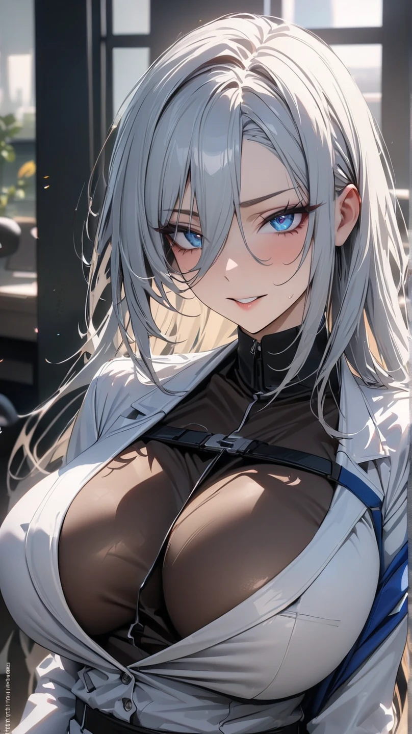 ((Masterpiece, best quality, high quality, highly detailed background)), ((apartement bedroom, blue sky, window city view)), ((arlecchino from genshin impact, arlecchino)), (((1girl, solo, short hair, white hair, black hair, multicolored hair, x-shaped pupils, black eyes, arle_suit))), ((black suit, black fur coat, big breasts)), ((cold expression, unhappy expression, eye glare)), ((looking at viewer))