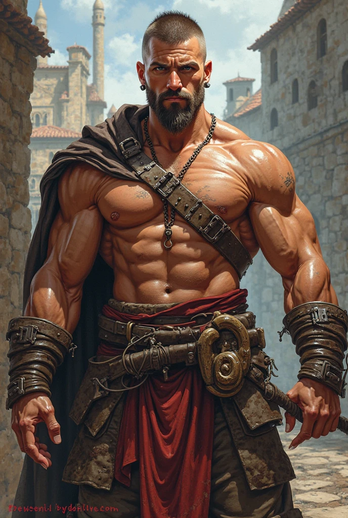 a close up of a goliath barbarian with a greataxe, Pail bule sink, young goliath , with red tattoos and scars on the body, male goliath portrait, covered in tattoos, fit young male , concept art of god, muscular , young god, barbarian male fantasy, detailed full body concept, goliath character, immortal, no wrinkles, bald head. perfecteyes eyes, 