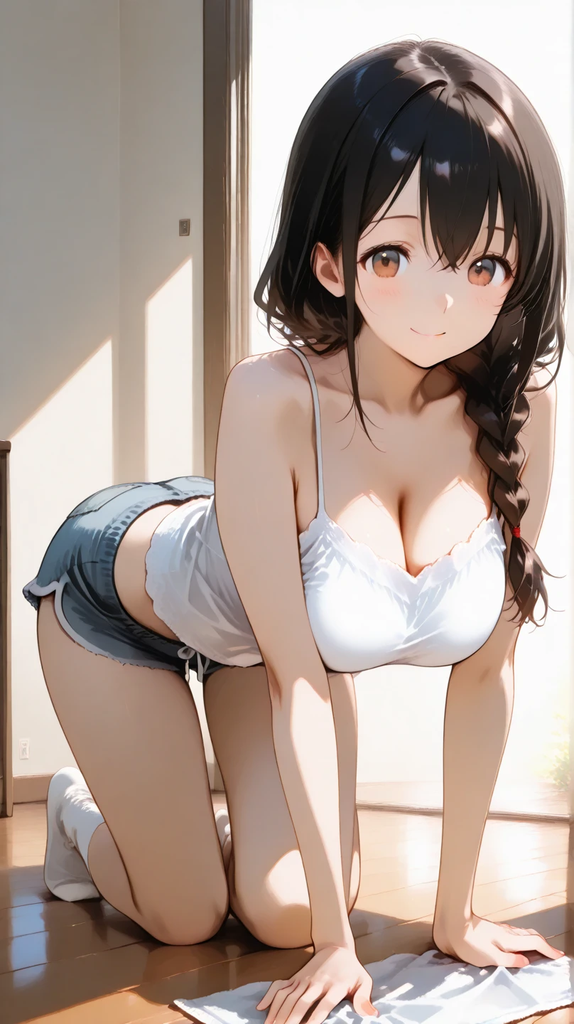 super high quality, ultra high resolution, hyper-detailed, high contrast, ultra fine strike, creative sophistication,black hair,living room,smile,cleavage
