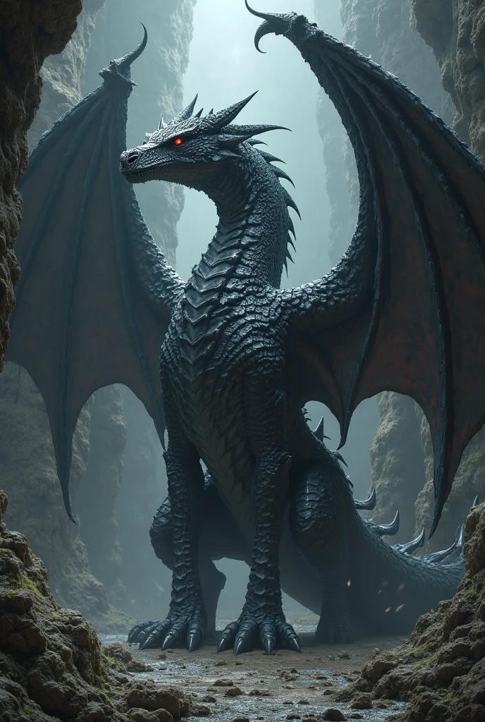 Dark cave deep blue fog glitched dragon