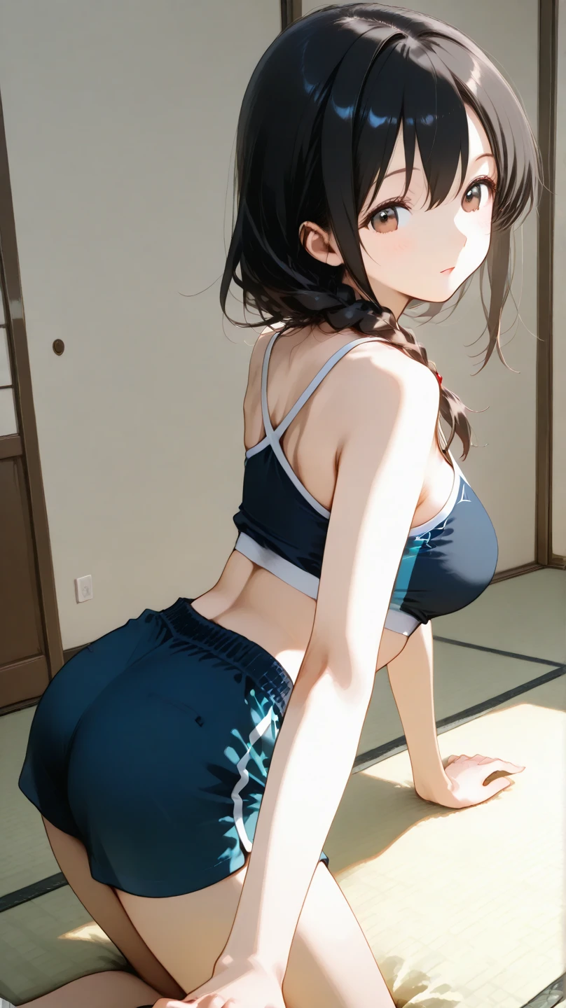 16 year old Japanese girl,(非常にdetailedな肌),Curvy,,美しいBig Breasts,(Big Breasts),Pale skin,Pointed Chest,Erect nipples,(Fantasy art,Best image quality,Hyperrealist portrait,(8k),Ultra-realistic,最high quality, high quality, High resolution, high quality texture,Attention to detail,Beautiful details,detailed,Extremely detailed CG,detailed Texture,Realistic facial expressions,masterpiece,in front,dynamic,bold),(((short pixie cut))),(Very thin hair),(Very soft hair),(Super Straight Hair:1.5),length, sleek bangs,Very light coppery amber hair,Hair in one eye、(((Wearing a high-cut bikini)))(((Pants are T-backs)))(((The area of fabric that barely covers the body)))、The lines of the body are clearly visible、Close-fitting clothing、(((Spread your legs wide)))、Crotch seam、whole bodyを描く、whole body、(((Get on all fours with your hands on the floor)))(((Rear View)))、(((Ass close up)))(((Photo from behind)))