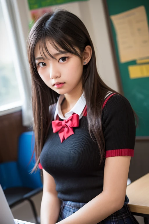 alone、high school girl、16 years old、Natural body shape、Cute Girls、(White skin:1.3)(Big Breasts:1.4)、Natural Makeup、(Black Hair、bangs、Straight Long Hair:1.3)、Looking into the camera、Sculptural installation、Smart Body、(The upper body is wearing a high school uniform:1.5)Bedroom