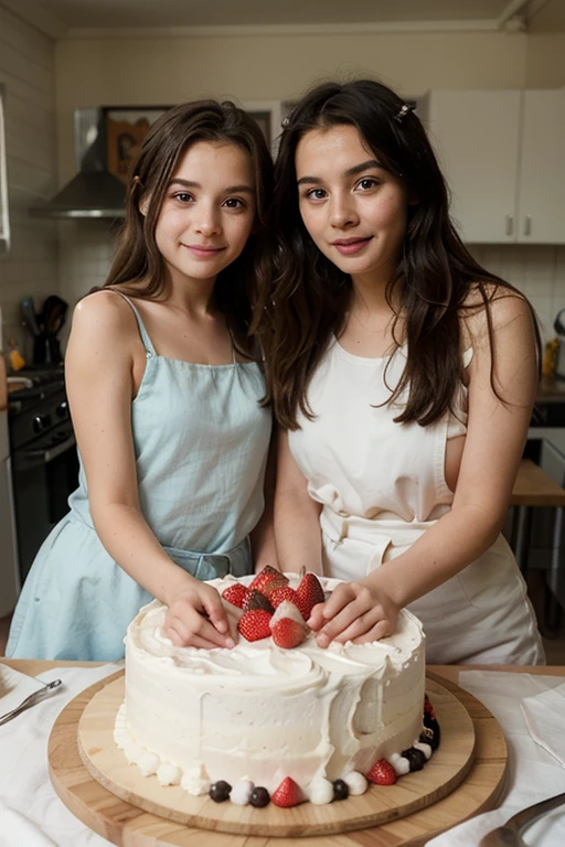 two girl sitting on the big decorated cake