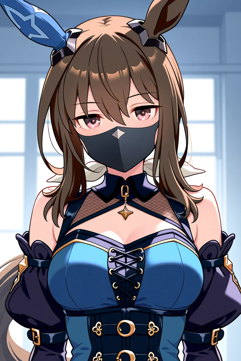 Top quality, ultra-high resolution, live-action, horse girl, horse ears and horse tail, hair that completely hides the ears, steel headgear with restraints, leather eye patch, steel gagged,