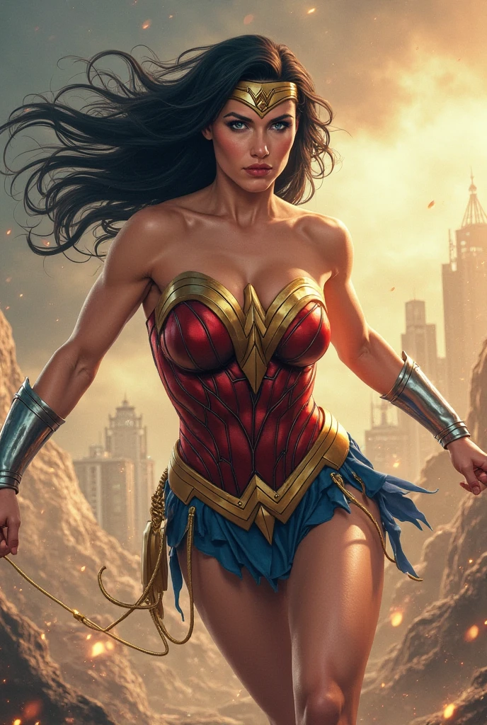 Art image of Adriana Lima as Wonder Woman, busty, beautiful, black hair, large breasts, ancient Athens background, by Louis Royo, Boris Vallejo, Frank Frazetta, extreme focus, sharp details, sexy