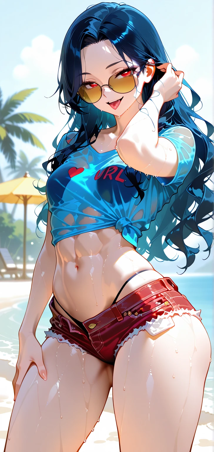 tomboy, beach, huge breasts, cute face, swim trunks, shorts, long ponytail, open jacket, sun beams, water, dark blue hair, sky, clouds, happy, jumping, wet, shiny skin, light blue eyes, abs, hair ribbon, thumbs up