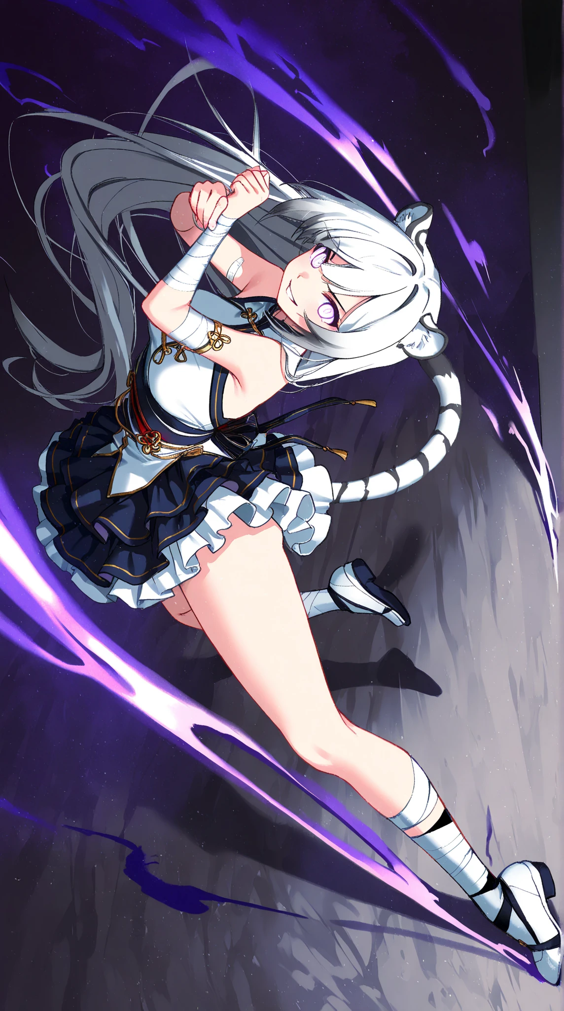 Anime beautiful woman with long slightly wavy white hair bright blue eyes wearing a sexy black dress with black heels dancing with a beautiful woman with long dark purple hair with bright purple eyes wearing a sexy black dress and black heels dancing in a nightclub