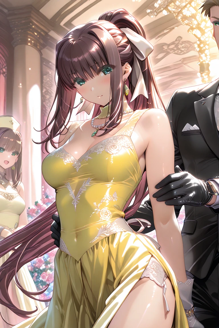 A woman with big ，Young princess，victorian style，clavicle，Prominent and smooth underboob，exquisite，pubic，at the banquet，kneeling，