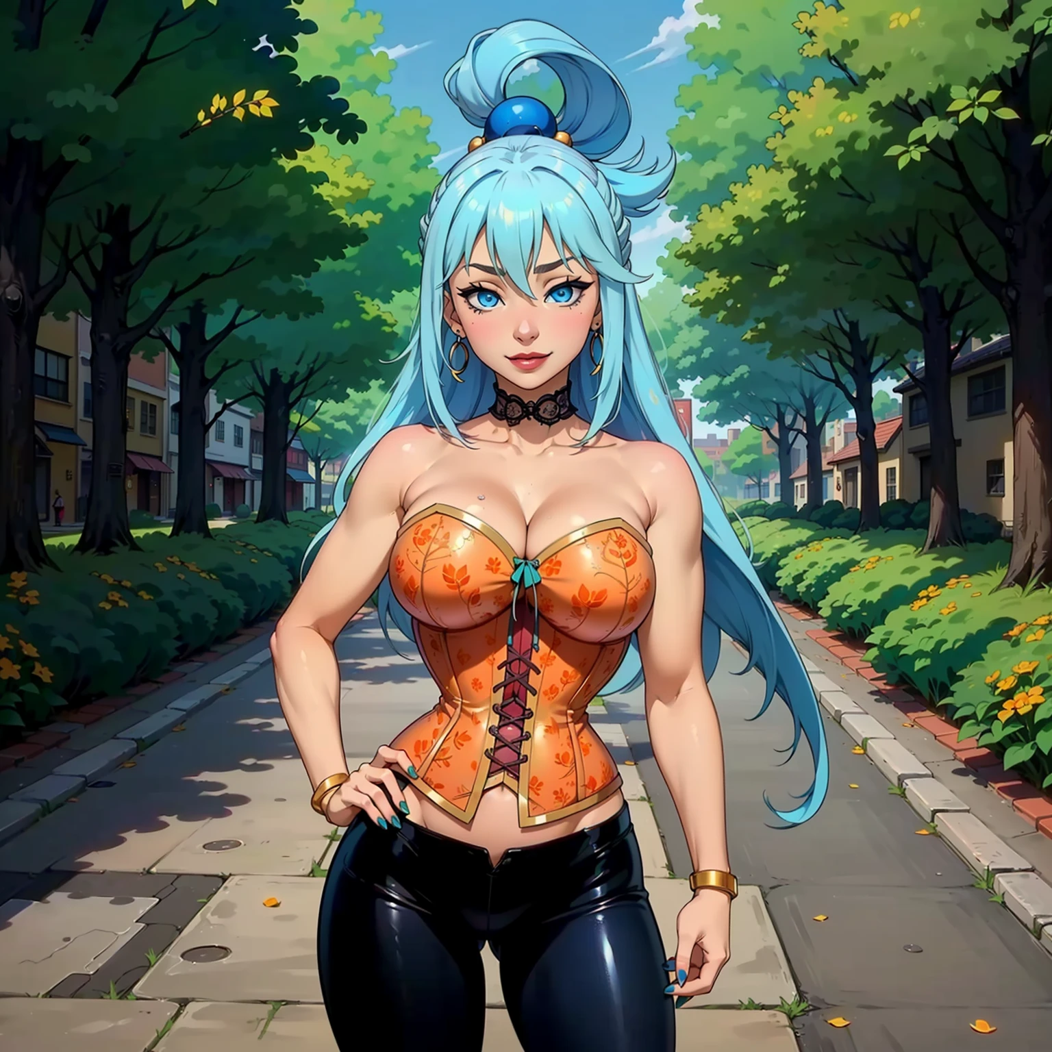 ((1girl, solo ,alone, (aqua, Aqua, aaaqua, long hair, blue hair, hair rings, hair ornament, blue eyes, blue hair, ponytail, painted nails), gold bracelets, ruby earrings)), ((solo, 1woman, pink lipstick, Extremely detailed, ambient soft lighting, 4k, perfect eyes, a perfect face, perfect lighting, a 1girl)), austere, ((fitness,, shapely body, athletic body, toned body)),  ((smug, plunge corset, orange corset, leather pants, city, street, lace up corset, red lipstick, shy smile, cleavage, , intricate details corset, intricate pattern print corset))